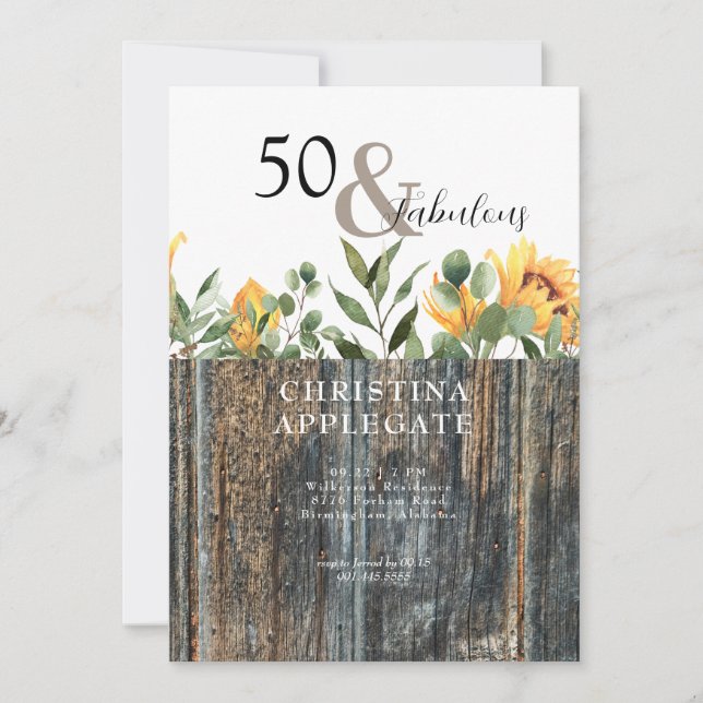 Invitación Rústico 50 y fabuloso cumpleaños de girasol (Anverso)