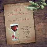 Invitación Rústico 60.º cumpleaños Fiesta de sorpresa de vino<br><div class="desc">Rústico Día 60 Invitación a la Fiesta de Cumpleaños de Sorpresa Vino Rojo. Invitación a la fiesta de cumpleaños 60 para ella o él. Invitación con una copa de vino tinto, rosas y ramas sobre un rústico fondo de papel. El texto es totalmente personalizable - personalizarlo con tu nombre, cualquier...</div>