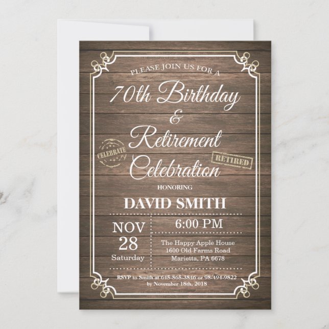 Invitación Rústico 70 cumpleaños y Fiesta de Jubilación (Anverso)