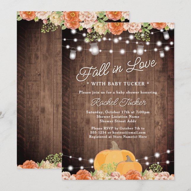 Invitación Rústico acuarela Calabaza Floral Caída Baby Shower (Anverso / Reverso)