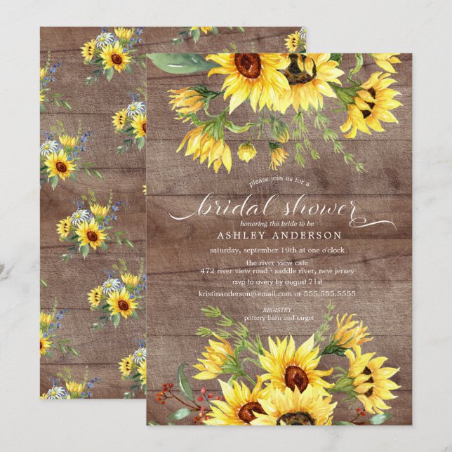 Invitación Rústico Amarillo Girasol Floral Bridal Shower (Anverso / Reverso)