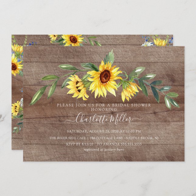 Invitación Rústico Amarillo Girasol Floral Bridal Shower (Anverso / Reverso)