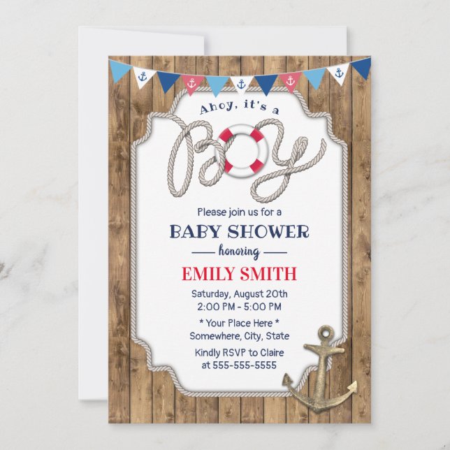 Invitación Rústico Ancla de Oro Niño Náutico Baby Shower (Anverso)