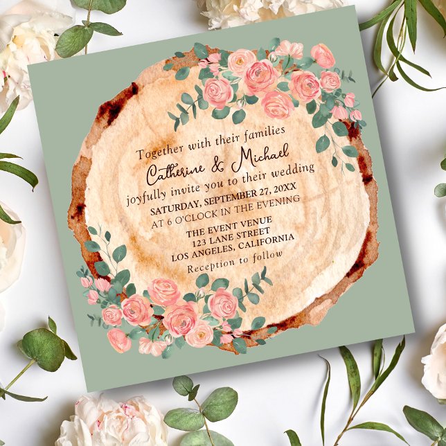 Invitación Rústico Anillos de madera de corteza acuarela Rose (Subido por el creador)