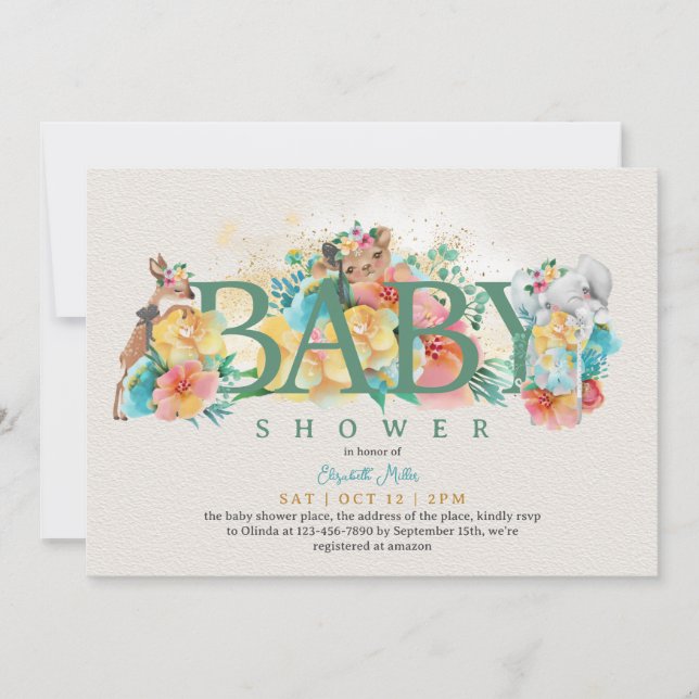 Invitación Rústico animal de Woodland Floral Baby Shower (Anverso)