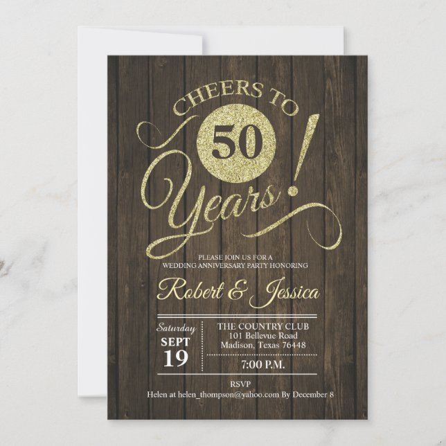 Invitación Rústico Aniversario de Bodas de Oro 50 con Madera (Anverso)