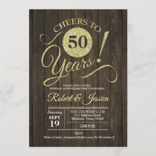 Invitación Rústico Aniversario de Bodas de Oro 50 con Madera
