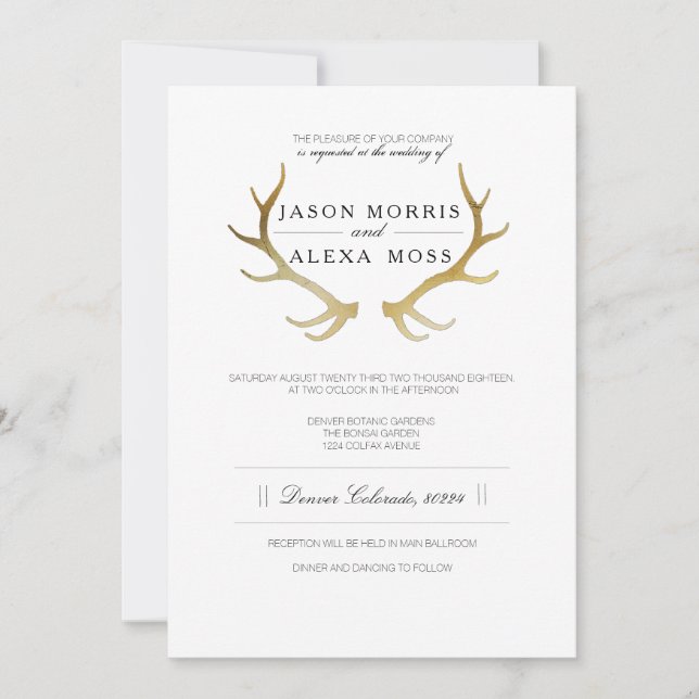 Invitación Rústico Antler De Oro | Boda elegante (Anverso)