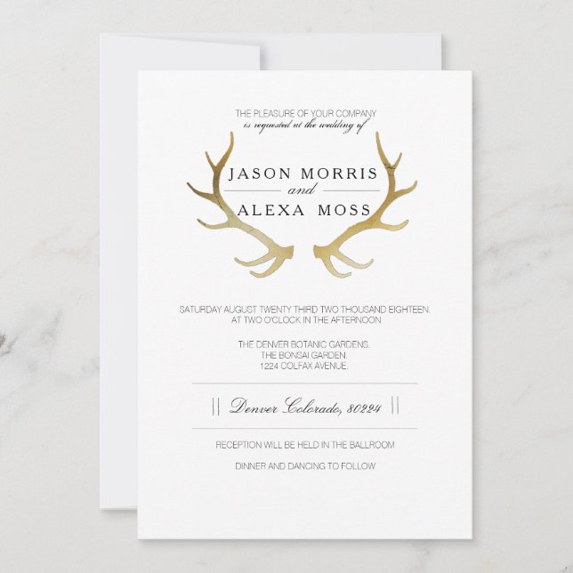 Invitación Rústico Antler De Oro | Boda elegante (Anverso)