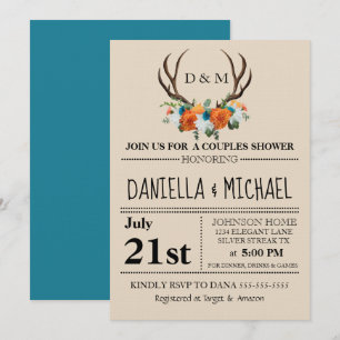 Invitación Rústico Antlers Floral BOHO Parejas Ducha Boda