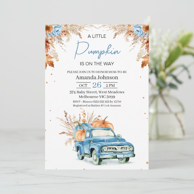 Invitación Rústico azul acuarela Truck Baby Shower (Anverso de pie)
