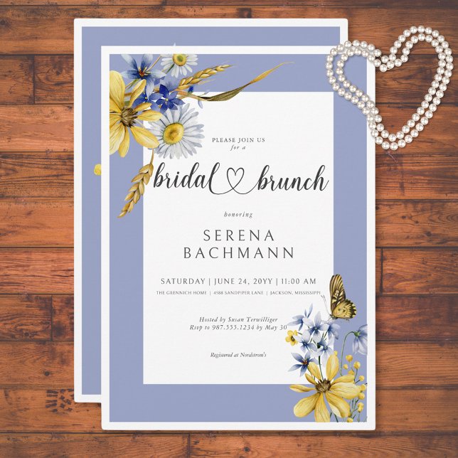 Invitación Rústico Azul y Flores salvajes amarillas Brunch de (Rustic Blue & Yellow Wildflowers Bridal Brunch Invitation)