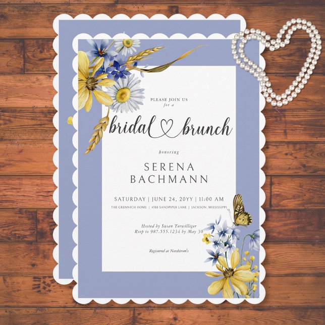 Invitación Rústico Azul y Flores salvajes amarillas Brunch de (Rustic Blue & Yellow Wildflowers Bridal Brunch Invitation)