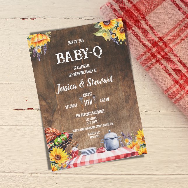 Invitación Rústico BABY-Q Picnic Sunflower Plaid Wood (Subido por el creador)