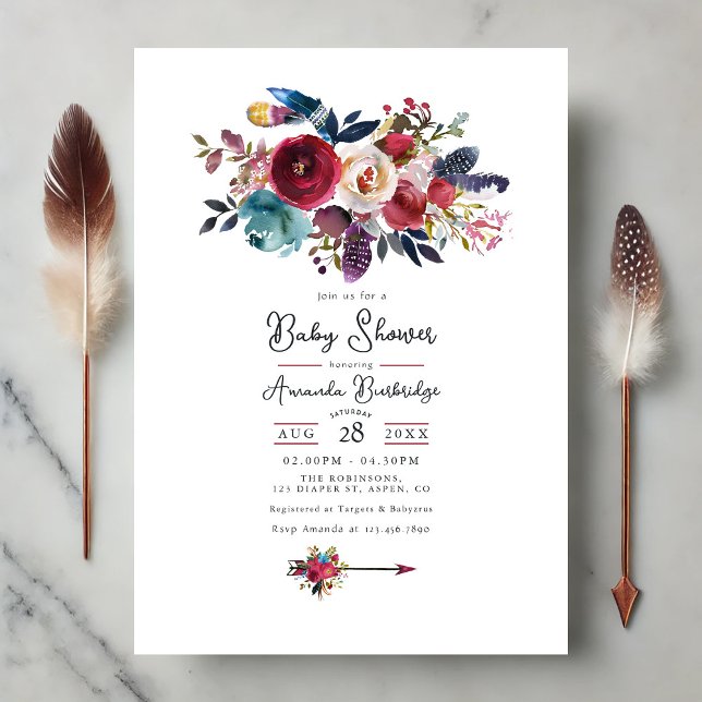 Invitación Rústico Baby Shower de Burgundy Boho Floral (Rustic Burgundy Boho Floral Baby Shower Invitation)