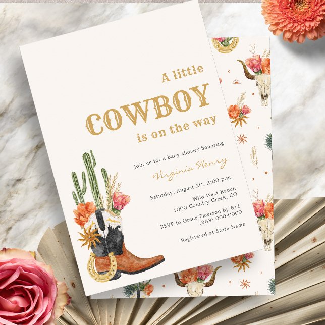 Invitación Rústico Baby Shower de Cowboy Occidental (Rustic Wild West Theme A Little Cowboy Baby Shower Invitation with Cactus by Painted Paperie
)