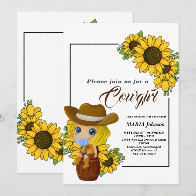Invitación Rústico Baby Shower de Cowgirl de girasol occident (Anverso / Reverso)