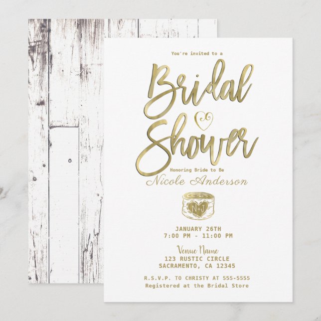 Invitación Rústico Barn Blanco Madera Dorada Ducha de Novia (Anverso / Reverso)