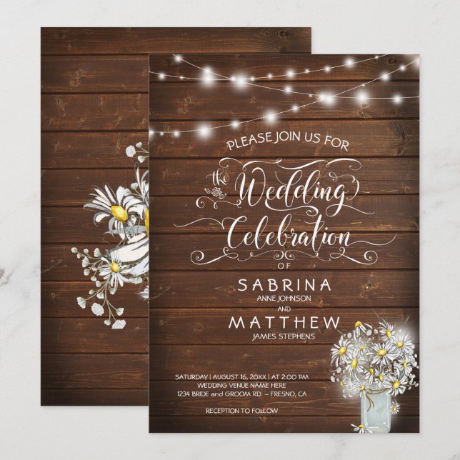Invitación Rústico Barn Mason Jar Daisy BarefootBride™ (Anverso / Reverso)