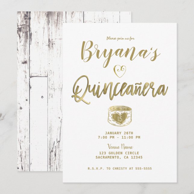 Invitación Rústico Barn White Wood Gold 15 Quinceañera (Anverso / Reverso)