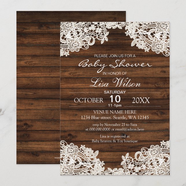 Invitación Rústico Barn Wood and Lace Country Baby Shower (Anverso / Reverso)