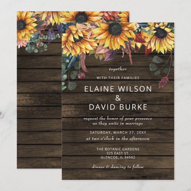 Invitación Rústico Barn Wood Country Sunflowers Boda (Anverso / Reverso)