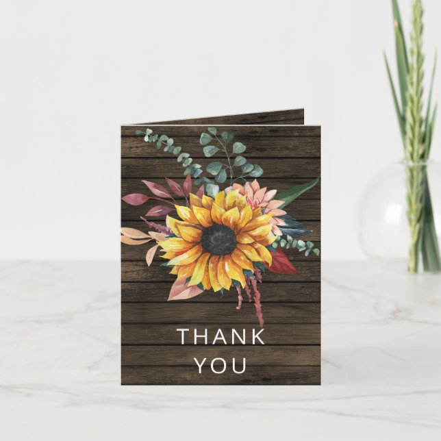 Invitación Rústico Barn Wood Country Sunflowers Gracias (Anverso)