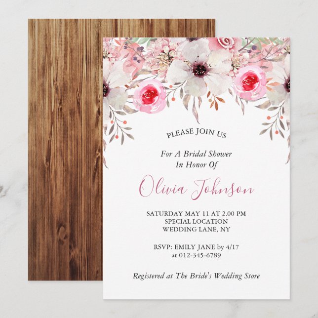 Invitación Rústico Barn Wood Floral Rubor ducha de novia rosa (Anverso / Reverso)