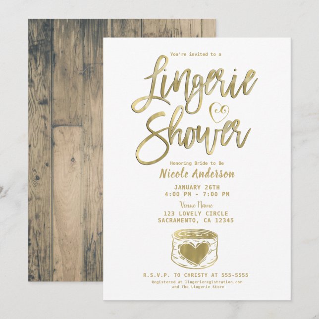 Invitación Rústico Barn Wood Glam Gold Lingerie Invita (Anverso / Reverso)