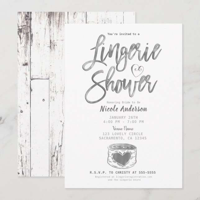 Invitación Rústico Barn Wood Glam Silver Lingerie Shower (Anverso / Reverso)