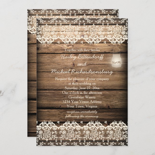 Invitación Rústico Barn Wood Lace Mason Jar Boda (Anverso / Reverso)