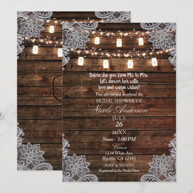 Invitación Rústico Barn Wood & Mason Jars Bridal Shower (Anverso / Reverso)