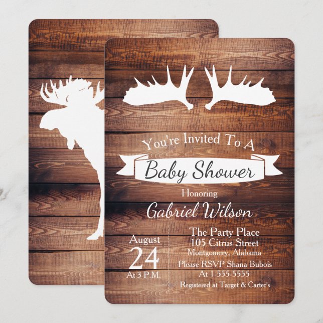 Invitación Rústico Barn Wood & Moose Antler Baby Shower (Anverso / Reverso)