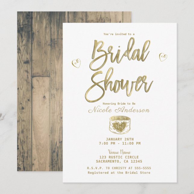 Invitación Rústico Barn Wood Oro y Moda Blanca Ducha de Novia (Anverso / Reverso)