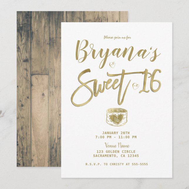 Invitación Rústico Barn Wood Oro y Moda Blanca Dulce 16 Fiest (Anverso / Reverso)