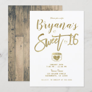Invitación Rústico Barn Wood Oro y Moda Blanca Dulce 16 Fiest