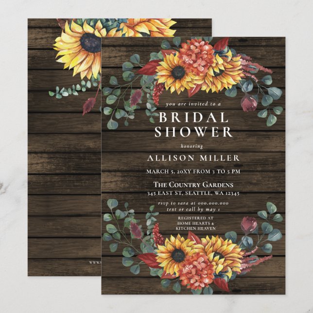 Invitación Rústico Barn Wood Sunflowers Bridal Shower (Anverso / Reverso)