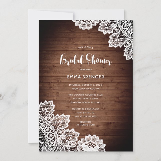 Invitación Rústico Barn Wood White Lace Bridal Shower (Anverso)