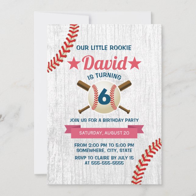 Invitación Rústico Béisbol Deportivo Fiesta de Cumpleaños 6 (Anverso)