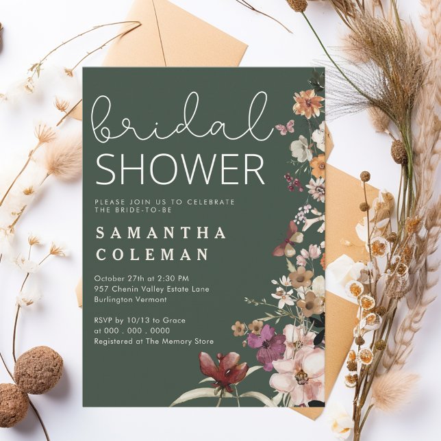 Invitación Rústico Bho Verde Oscuro Wildfolwer Bridal Shower (Subido por el creador)