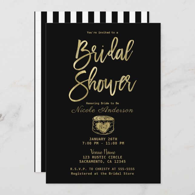 Invitación Rústico Black White Stripes & Gold Bridal Shower (Anverso / Reverso)