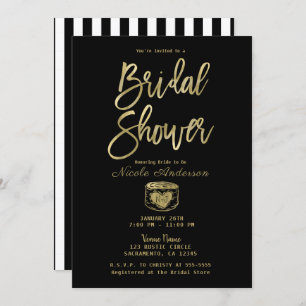 Invitación Rústico Black White Stripes & Gold Bridal Shower
