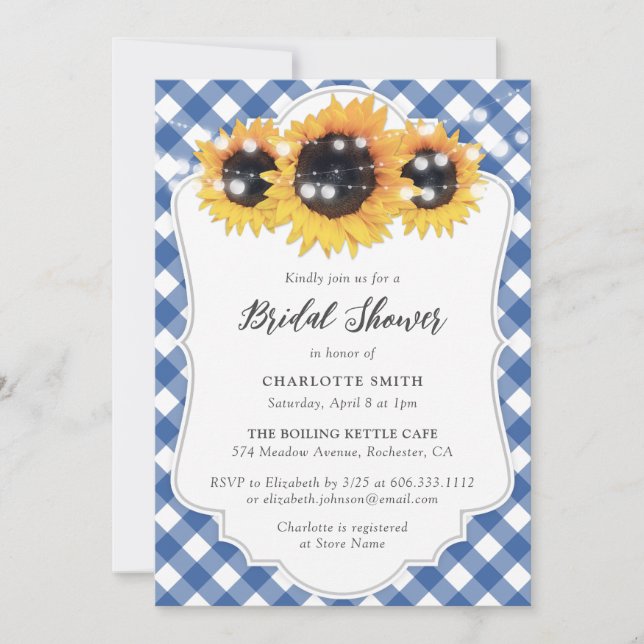 Invitación Rústico Blue Gingham Sunflower Bridal Shower (Anverso)