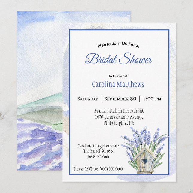 Invitación Rústico Blue Lavender Birdhouse Bridal Shower (Anverso / Reverso)