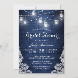 Invitación Rústico Blue Mason Jars Lights Lace Bridal Shower