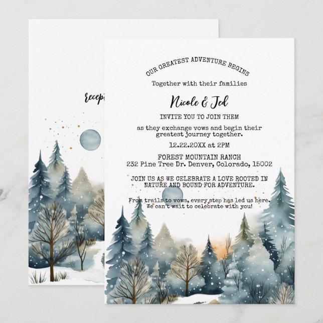 Invitación Rústico Boda al aire libre de pinos de invierno (Anverso / Reverso)