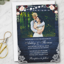 Invitación Rústico Boda Azul Floral Madera Luces de encaje Fo