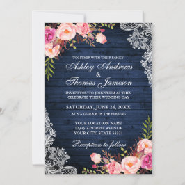 Invitación Rústico Boda Azul Madera Azul Rosa Floral Lace