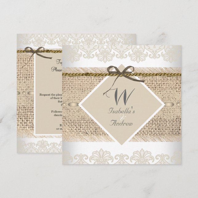 Invitación Rústico Boda Beige encaje Burlap Blanco (Anverso / Reverso)