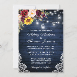 Invitación Rústico Boda Blue Wood Jars Luces Lace Floral